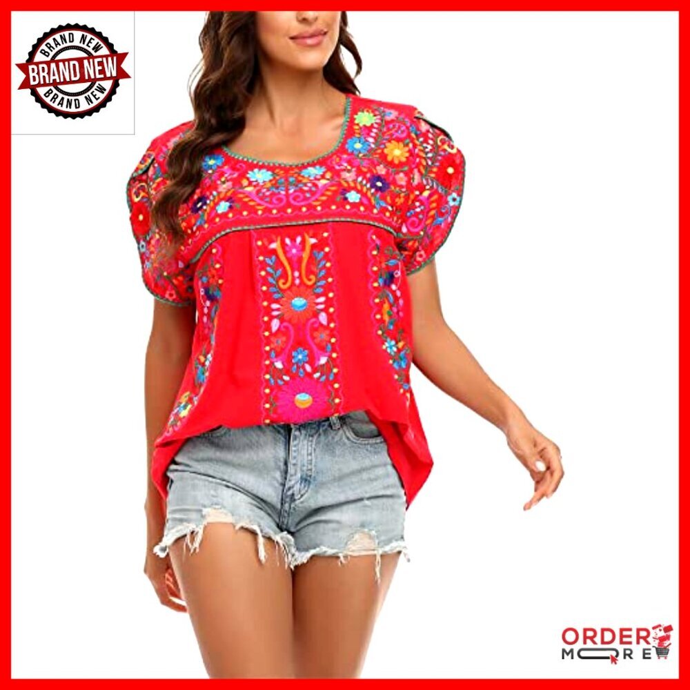 Boho Embroidery Tunic Top, Cotton Peasant Blouse, Relaxed Fit, True to Size - Picture 5 of 7